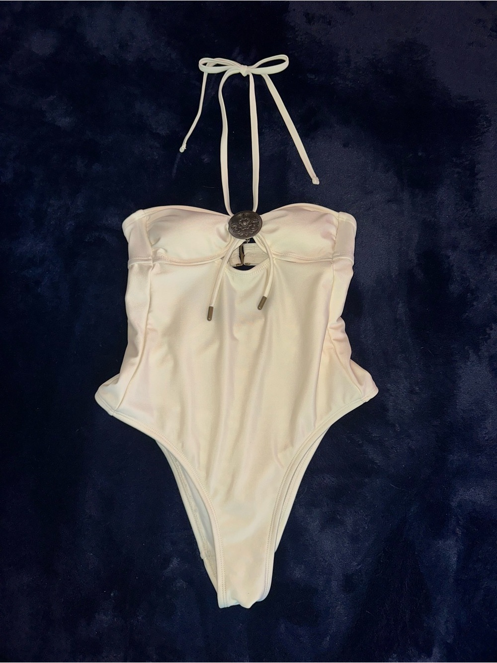 Cream One-Piece Halter Swimsuit with Decorative Accent